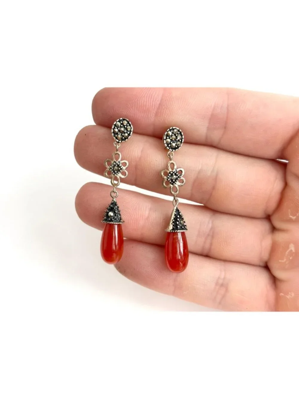Art Deco Red Coral & Marcasite Floral Teardrop Vintage Sterling Silver Earrings